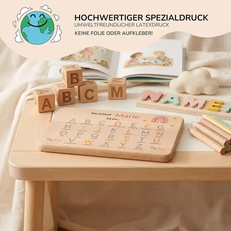 ABC Brettchen Kinder personalisiert – Regenbogen pastell