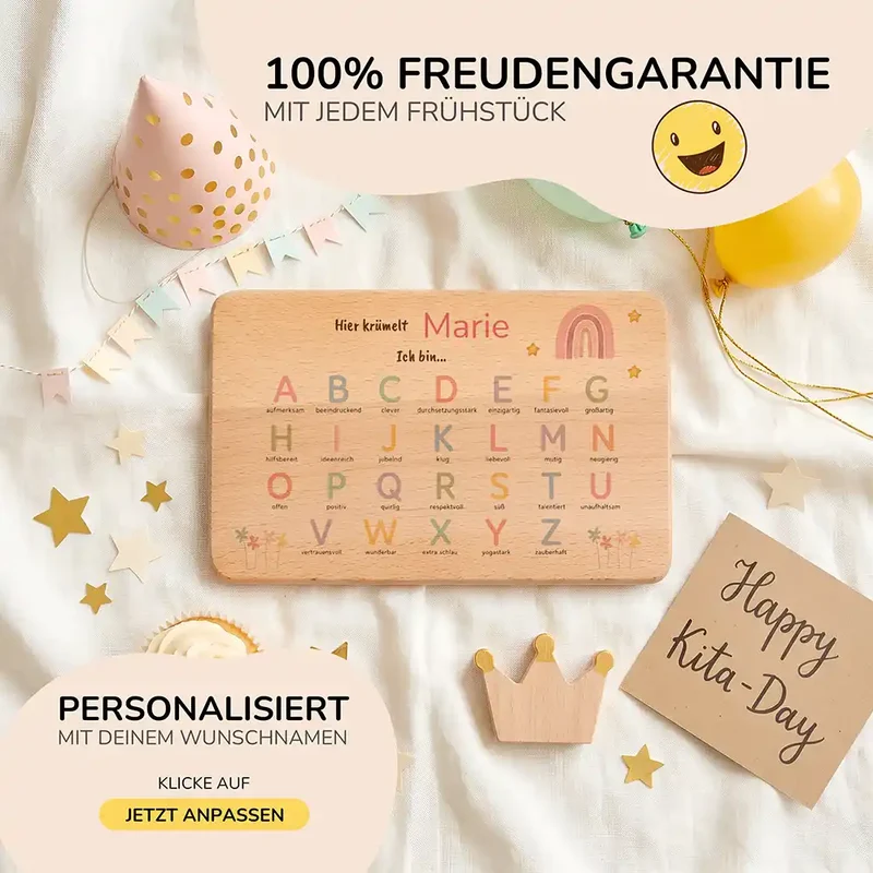 ABC Brettchen Kinder personalisiert – Regenbogen pastell