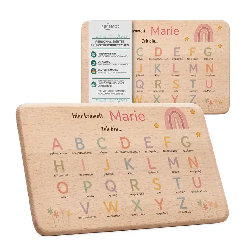 ABC Brettchen Kinder personalisiert – Regenbogen pastell