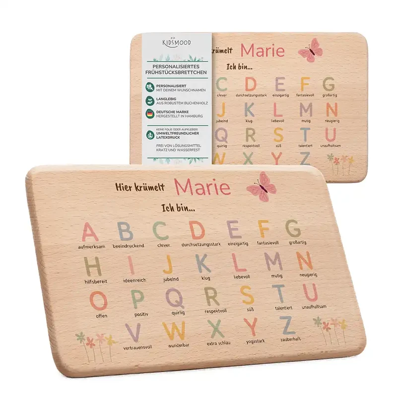 ABC Brettchen Kinder personalisiert – Schmetterling pastell