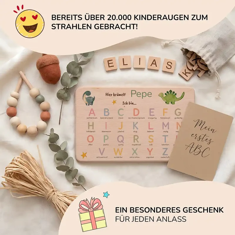 ABC Brettchen Kinder personalisiert – Dinosaurier pastell