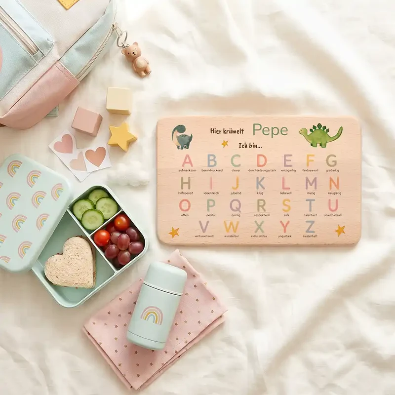 ABC Brettchen Kinder personalisiert – Dinosaurier pastell