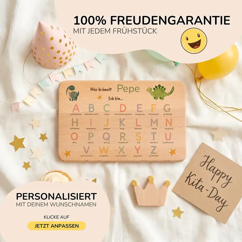 ABC Brettchen Kinder personalisiert – Dinosaurier pastell