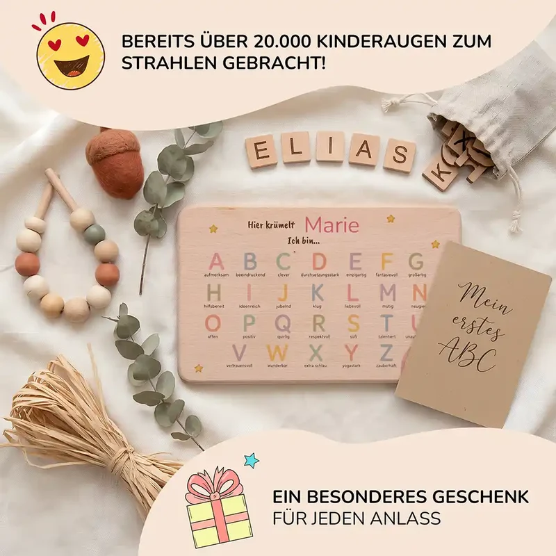 ABC Brettchen Kinder personalisiert – Sterne & Regenbogen