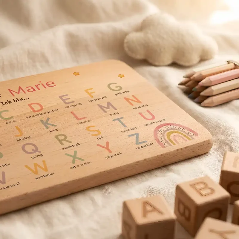 ABC Brettchen Kinder personalisiert – Sterne & Regenbogen