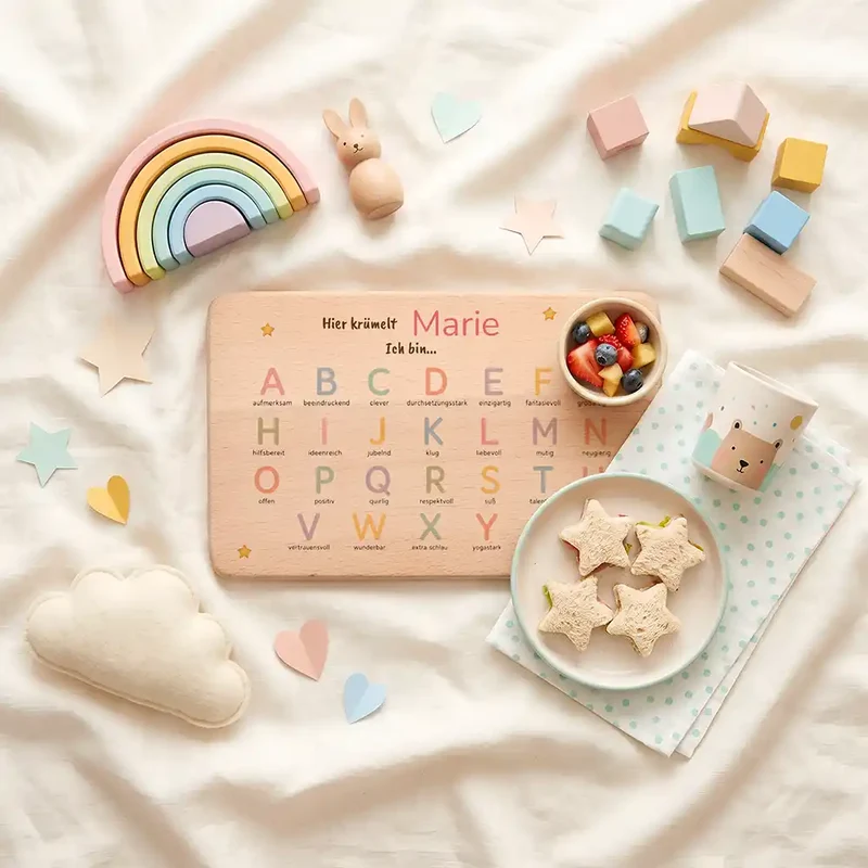 ABC Brettchen Kinder personalisiert – Sterne & Regenbogen