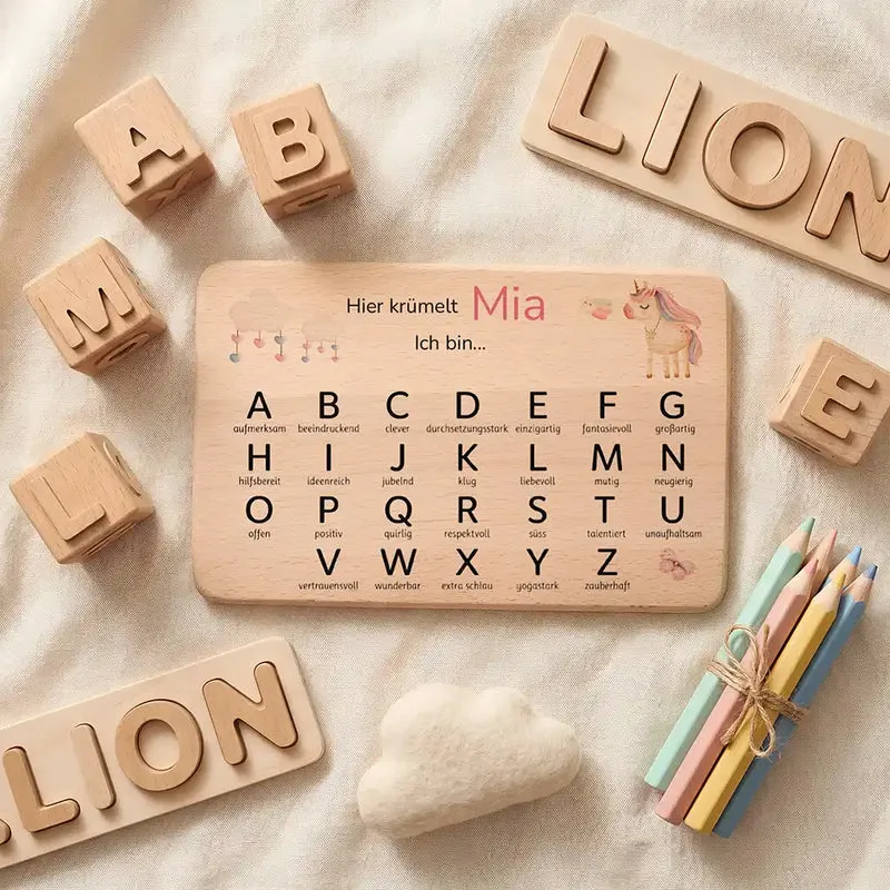 ABC Brettchen Kinder personalisiert – Einhorn mit Musiknoten