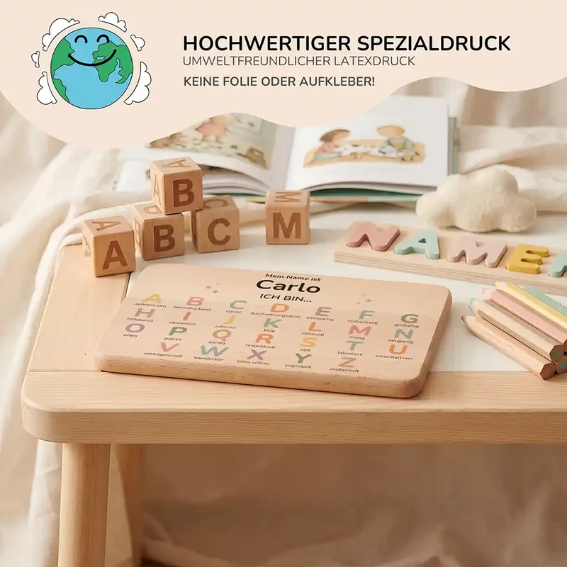 ABC Brettchen Kinder personalisiert – Wolke & Regenbogen