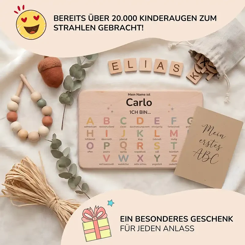 ABC Brettchen Kinder personalisiert – Wolke & Regenbogen