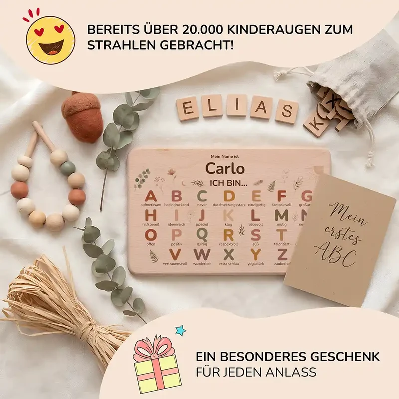 ABC Brettchen Kinder personalisiert – Wald-Tiere Pilze
