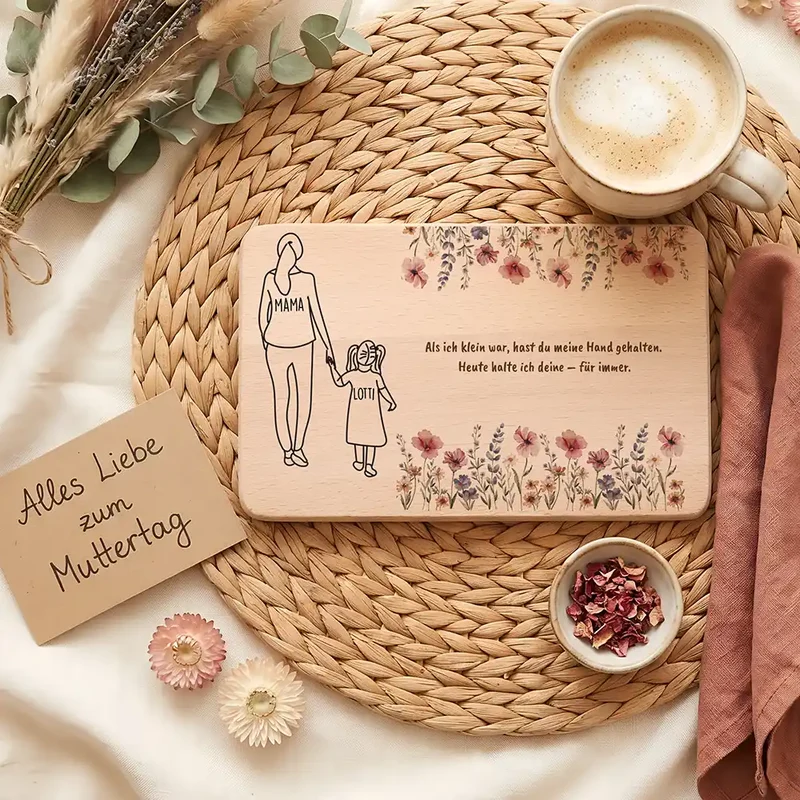 Personalisiertes Frühstücksbrettchen Muttertag – Mama Tochter Blumen