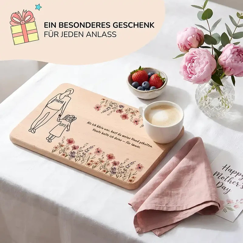 Personalisiertes Frühstücksbrettchen Muttertag – Mama Tochter Blumen