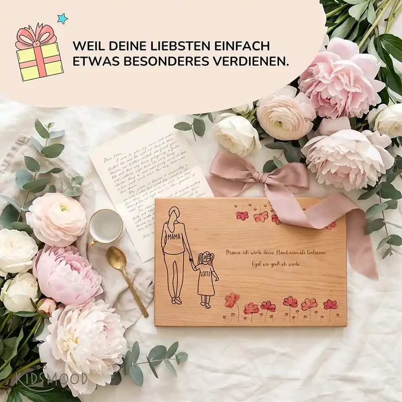 Personalisiertes Frühstücksbrettchen Muttertag – Mama Tochter Mohn