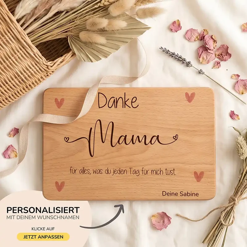 Personalisiertes Frühstücksbrettchen Muttertag – Danke Mama Herzen