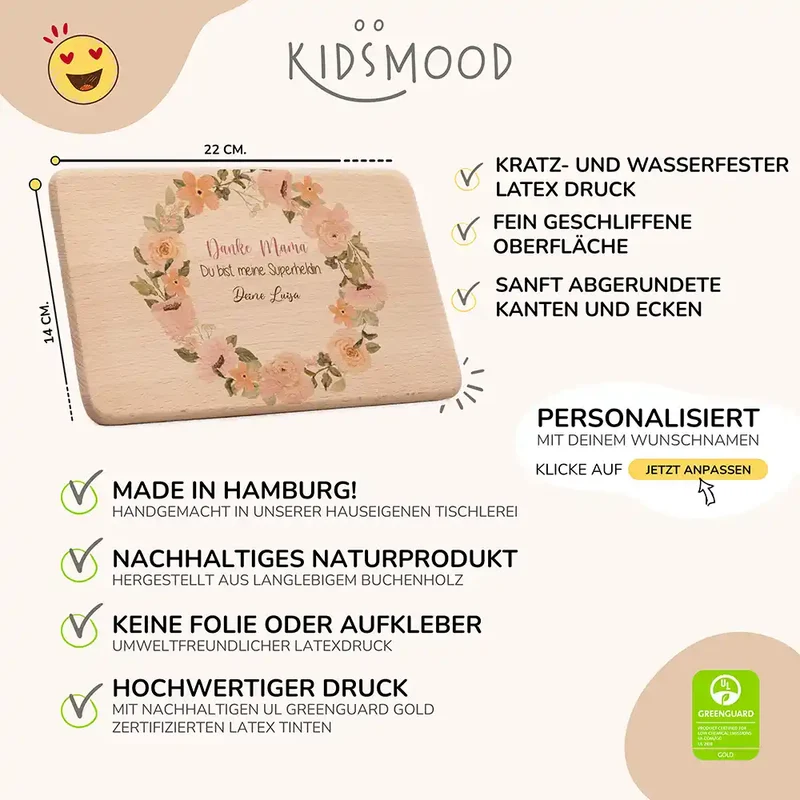 Personalisiertes Frühstücksbrettchen Muttertag – Danke Mama Rosenkranz