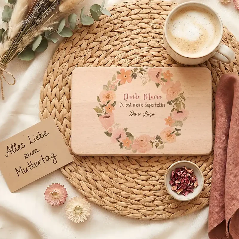 Personalisiertes Frühstücksbrettchen Muttertag – Danke Mama Rosenkranz