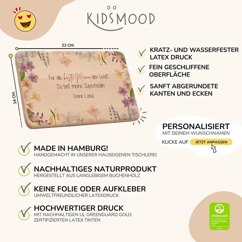 Personalisiertes Frühstücksbrettchen Muttertag – Beste Mama Blüten