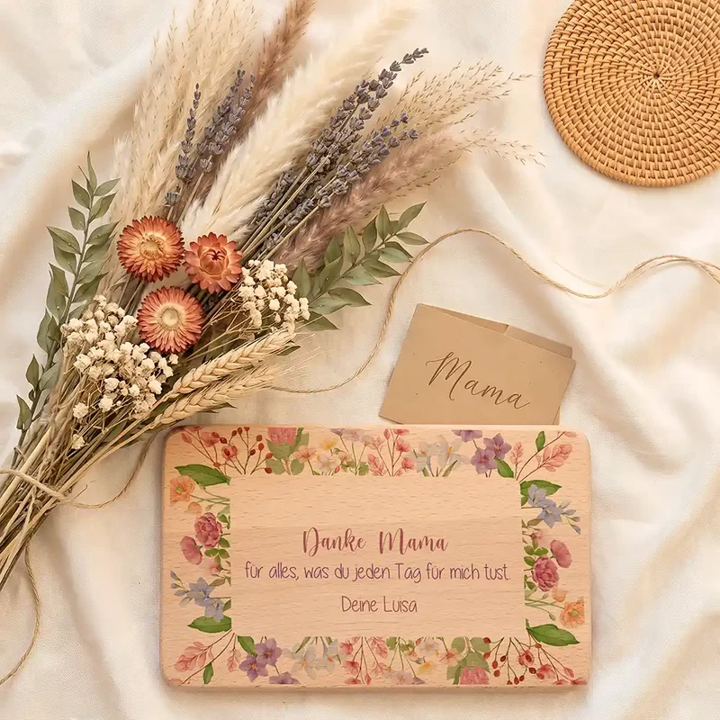 Personalisiertes Frühstücksbrettchen Muttertag – Danke Mama Blüten
