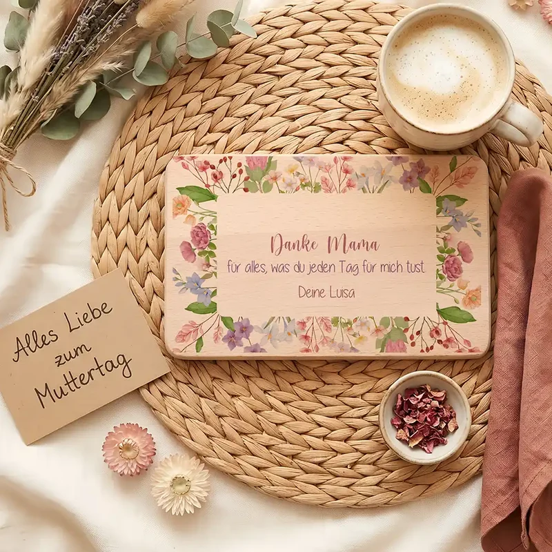 Personalisiertes Frühstücksbrettchen Muttertag – Danke Mama Blüten