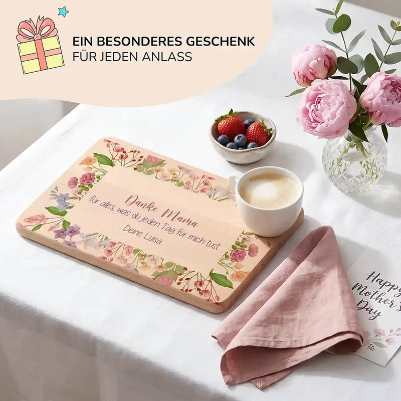 Personalisiertes Frühstücksbrettchen Muttertag – Danke Mama Blüten
