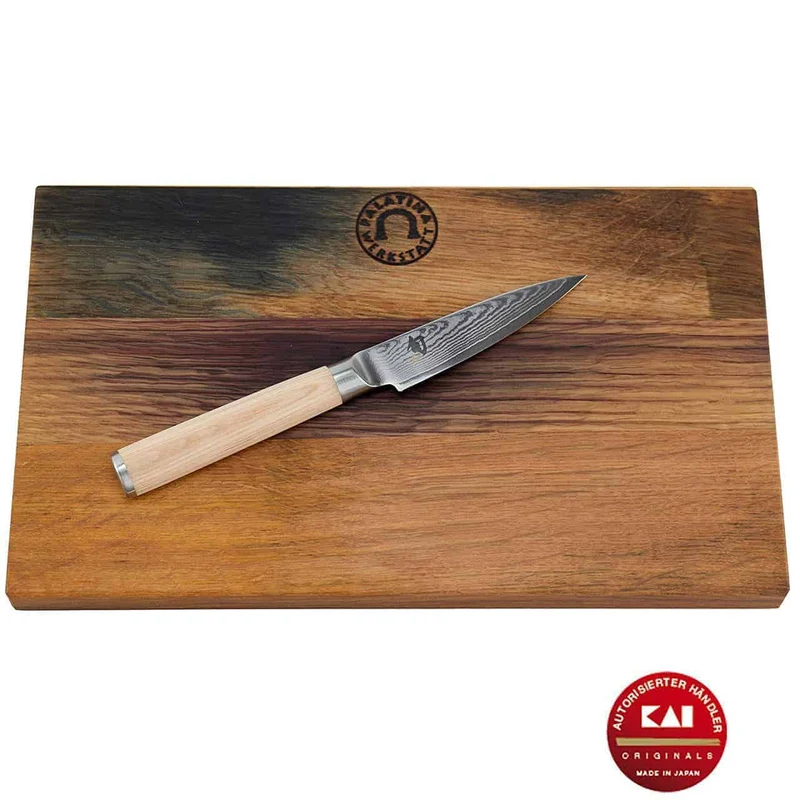 Kai Shun Classic White DM-0700W | Officemesser 9 cm Klinge + Schneidebrett aus Weinfassholz 30x18 cm