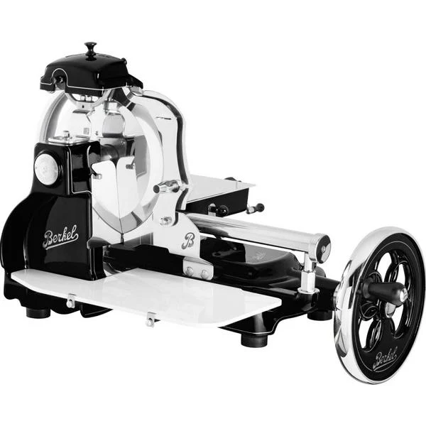 Berkel Volano B3 Schwarz, Aufschnittmaschine mit Schwungrad + Aufschnittbrett aus Fassholz