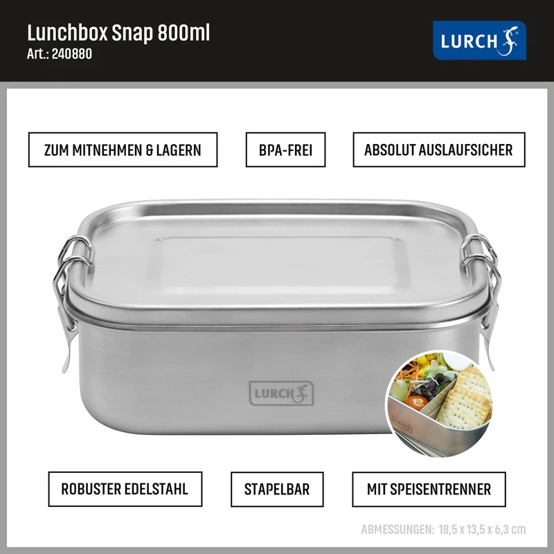 -Lurch- "Snap" Lunchbox Edelstahl in drei Größen 800ml, 1200ml und 1400ml