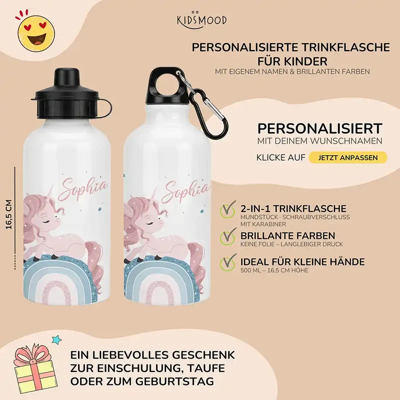 Personalisierte Trinkflasche Kinder – Einhorn Rosa Regenbogen