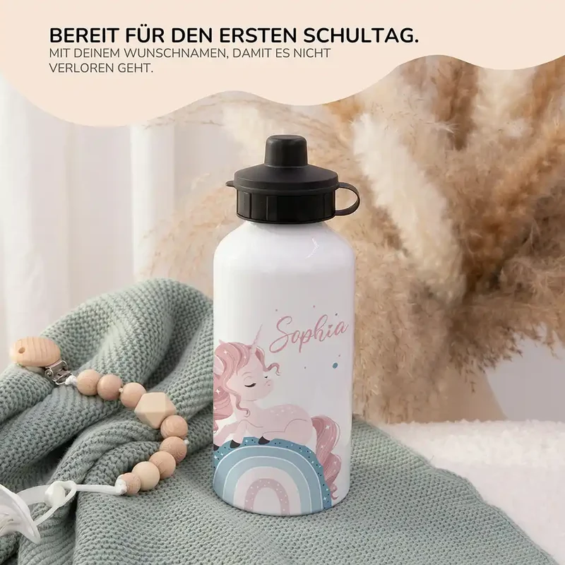 Personalisierte Trinkflasche Kinder – Einhorn Rosa Regenbogen