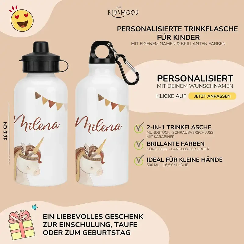 Personalisierte Trinkflasche Kinder – Einhorn Indianer