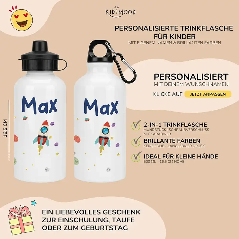 Personalisierte Trinkflasche Kinder – Rakete Weltall