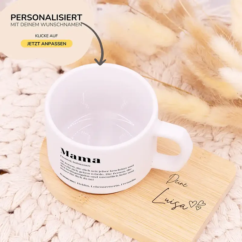 Muttertagsgeschenk Keramikbecher mit Untersetzer – Mama Definition