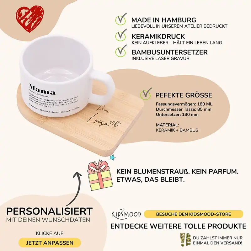 Muttertagsgeschenk Keramikbecher mit Untersetzer – Mama Definition