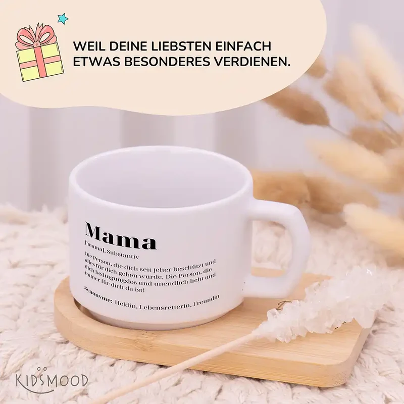 Muttertagsgeschenk Keramikbecher mit Untersetzer – Mama Definition