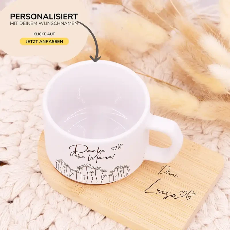 Muttertagsgeschenk Keramikbecher mit Untersetzer – Danke liebe Mama Blumenwiese