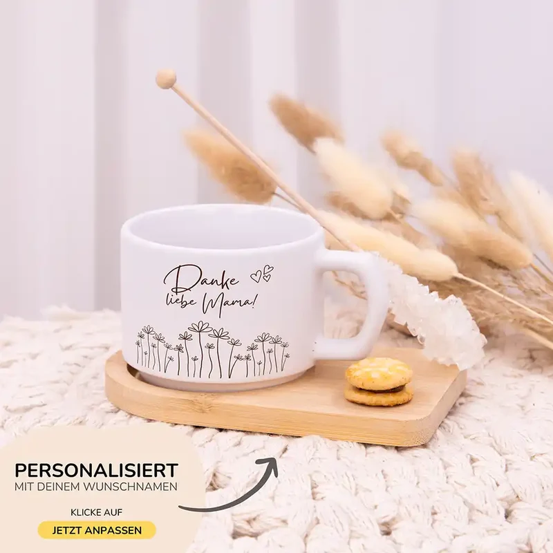 Muttertagsgeschenk Keramikbecher mit Untersetzer – Danke liebe Mama Blumenwiese
