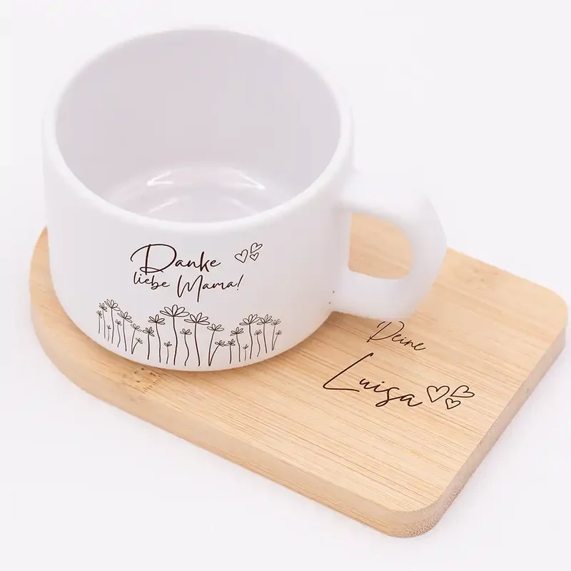 Muttertagsgeschenk Keramikbecher mit Untersetzer – Danke liebe Mama Blumenwiese