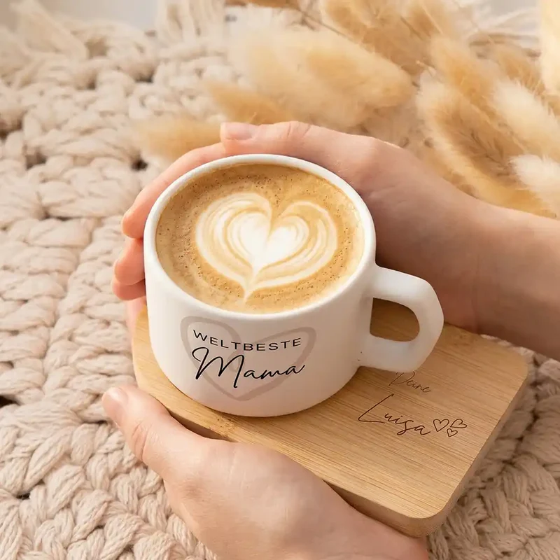 Muttertagsgeschenk Keramikbecher mit Untersetzer – Weltbeste Mama Herz