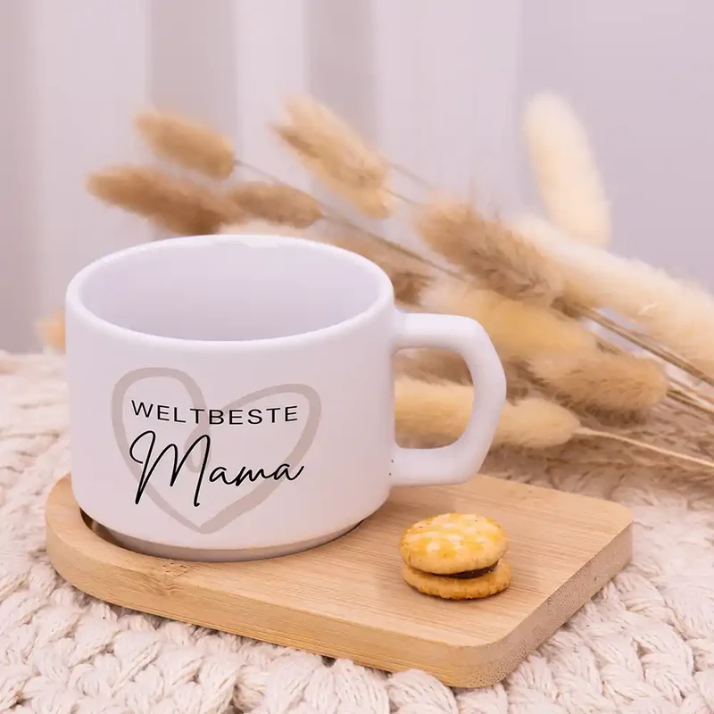 Muttertagsgeschenk Keramikbecher mit Untersetzer – Weltbeste Mama Herz