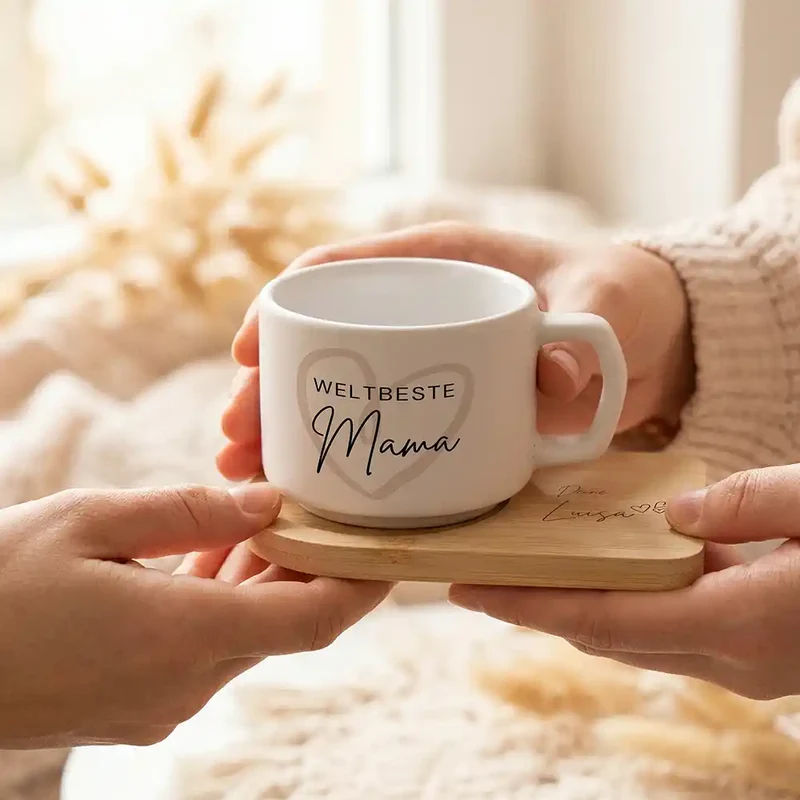 Muttertagsgeschenk Keramikbecher mit Untersetzer – Weltbeste Mama Herz