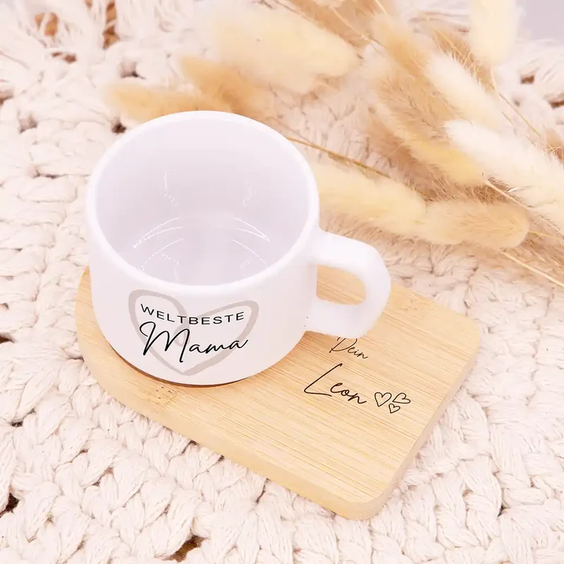 Muttertagsgeschenk Keramikbecher mit Untersetzer – Weltbeste Mama Herz