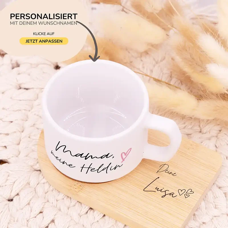 Muttertagsgeschenk Keramikbecher mit Untersetzer – Mama meine Heldin