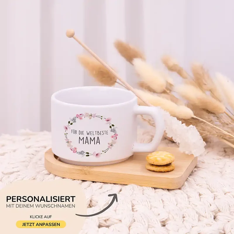Muttertagsgeschenk Keramikbecher mit Untersetzer – Blumenkranz Weltbeste Mama