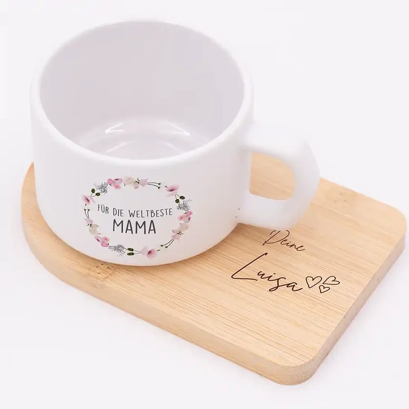 Muttertagsgeschenk Keramikbecher mit Untersetzer – Blumenkranz Weltbeste Mama