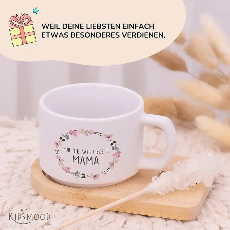 Muttertagsgeschenk Keramikbecher mit Untersetzer – Blumenkranz Weltbeste Mama