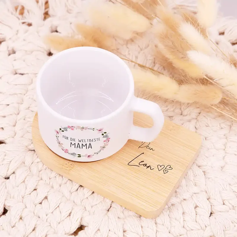 Muttertagsgeschenk Keramikbecher mit Untersetzer – Blumenkranz Weltbeste Mama