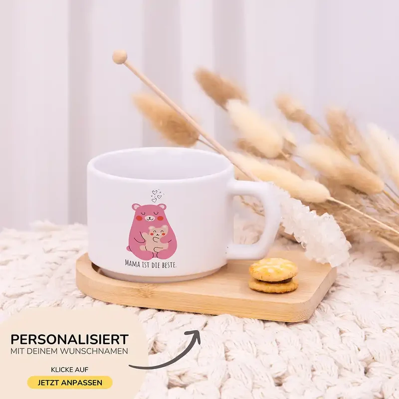 Muttertagsgeschenk Keramikbecher mit Untersetzer – Bär Mama & Kind
