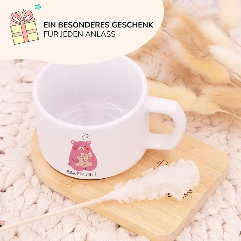 Muttertagsgeschenk Keramikbecher mit Untersetzer – Bär Mama & Kind