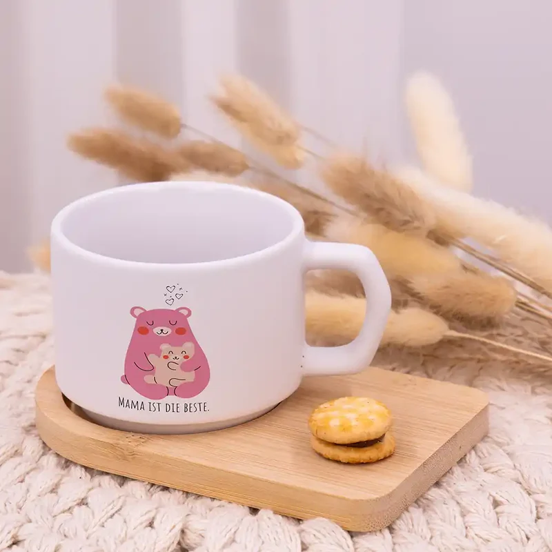 Muttertagsgeschenk Keramikbecher mit Untersetzer – Bär Mama & Kind