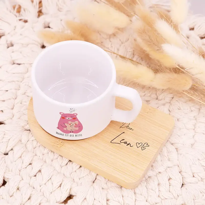 Muttertagsgeschenk Keramikbecher mit Untersetzer – Bär Mama & Kind